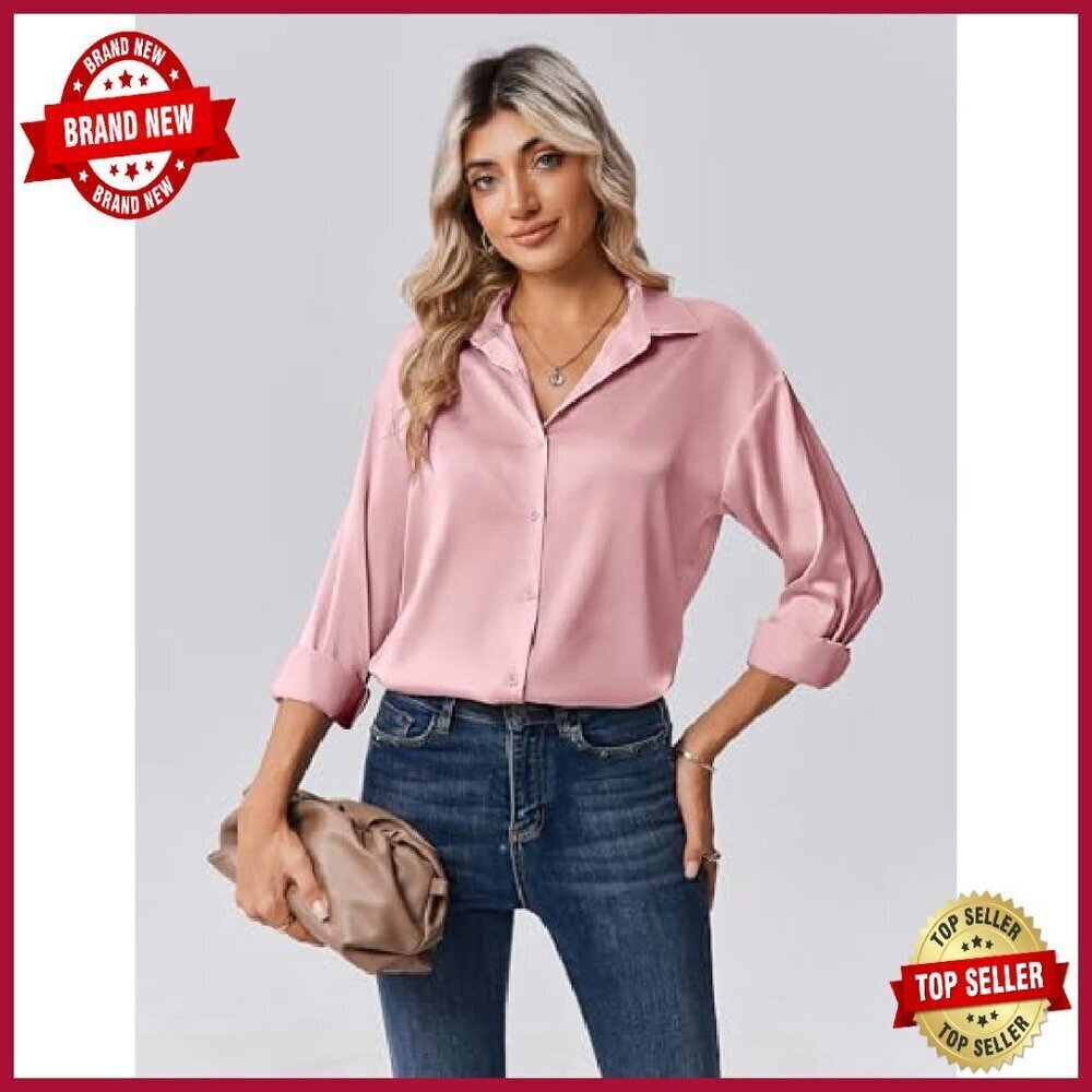 Long Sleeve Satin Button Down Blouse - Business Casual Fall Top - Picture 4 of 8